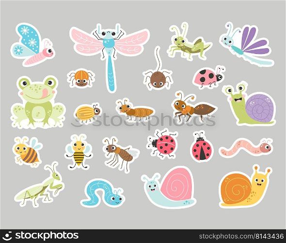 Big collection of stickers of cute insects. Funny decorative characters of snail, beetle, dragonfly and butterfly, bee and ant, spider and grasshopper. Vector illustration. isolated element for design