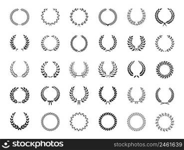 Big collection of thirty different circular black vector laurel wreaths or circlets for heraldry antiquity award victory and excellence