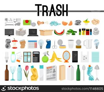 Big collection of trash and garbage, vector illustration. Big collection of trash and garbage