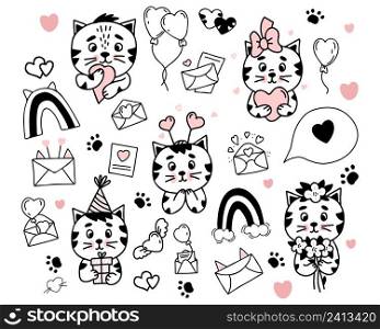 Big collection of vector cats in love. girl with heart and flowers and cat in birthday hat, love letters, rainbow and winged heart and balloons. Vector illustration. Isolated linear hand drawn doodles