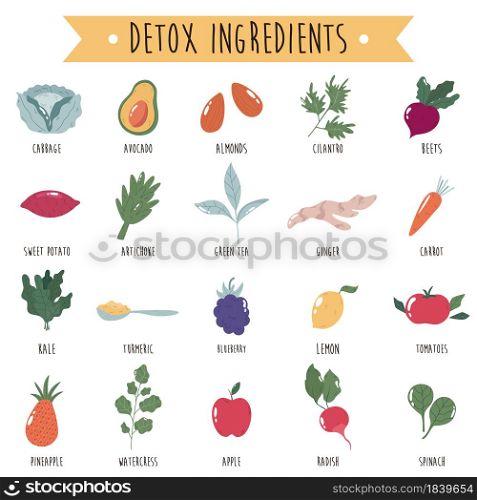 Big collection of vegetables, nuts and fruits for detox. Vector set. Big collection of vegetables, nuts and fruits for detox