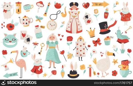 Big collection with symbols and characters of Alice in Wonderland. Vector illustrations.. Big collection with symbols and characters of Alice in Wonderland.