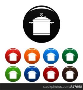 Big cook saucepan icons set 9 color vector isolated on white for any design. Big cook saucepan icons set color