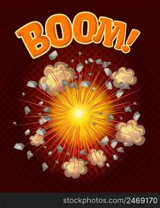 Big cool explosion composition with transparent background clouds of dust and headline boom vector illustration. Big Cool Explosion Composition
