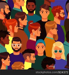 Big crowd pattern. Seamless texture of different people group, male and female with various hairstyles, profile heads vector creative portrait avatar wallpaper concept. Big crowd pattern. Seamless texture of different people group, male and female with various hairstyles, profile heads vector concept