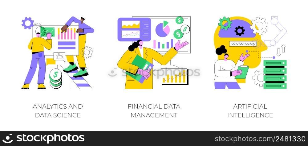 Big data abstract concept vector illustration set. Analytics and data science, financial data management, artificial intelligence, risk management, machine learning, dashboard abstract metaphor.. Big data abstract concept vector illustrations.