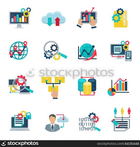 Big Data Analytics Flat Icons. Big data analytics technology flat icons set with internet cloud and graphic analysis symbols abstract isolated illustration vector