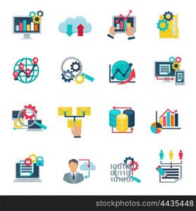 Big Data Analytics Flat Icons. Big data analytics technology flat icons set with internet cloud and graphic analysis symbols abstract isolated illustration vector
