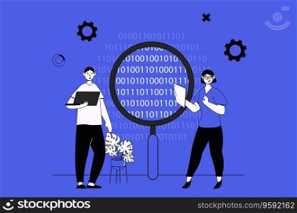 Big data analytics web concept with character scene in flat design. People working with statistics data, marketing research and making report. Vector illustration for social media marketing material.
