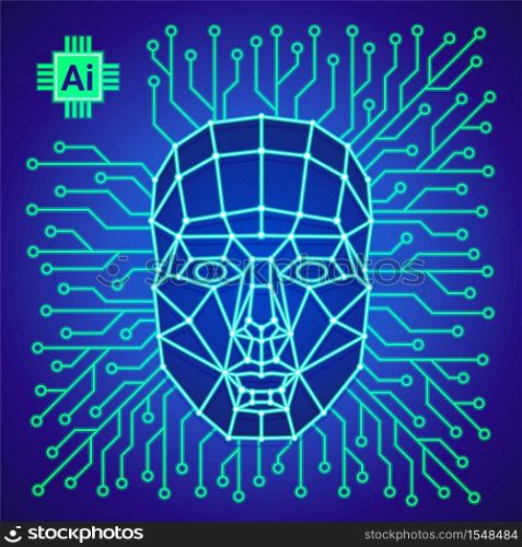 Big data and artificial intelligence concept. Human face consisting of polygons, points, lines and binary data flow on blue background. Machine learning and cyber mind. Vector illustration. Big data and artificial intelligence concept. Human face consisting of polygons, points, lines and binary data flow on blue background. Machine learning and cyber mind. Vector illustration.