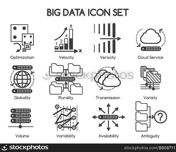 Big data characteristics icons. Big data Variety and Velocity, Big data Volume and Variability. Vector illustration