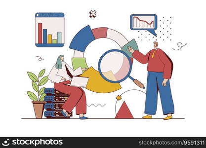 Big data concept with character situation in flat design. Man and woman analyzes statistics diagram and researches datum graphs, making financial report. Vector illustration with people scene for web