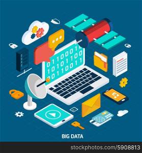 Big data concept with isometric notebook and digital icons vector illustration. Big Data Isometric Concept