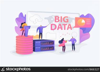 Big data conference, innovative idea presentation, data science meeting concept. Vector isolated concept illustration with tiny people and floral elements. Hero image for website.. Big data conference vector illustration.