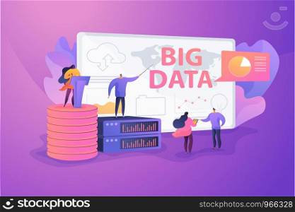 Big data conference, innovative idea presentation, data science meeting concept. Vector isolated concept illustration with tiny people and floral elements. Hero image for website.. Big data conference vector illustration.