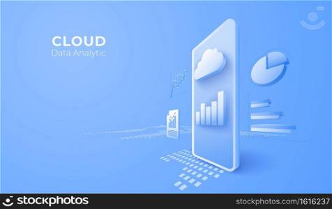 Big data digital technology for business analytic concept. 3D mobile phone with cloud background. vector art illustration