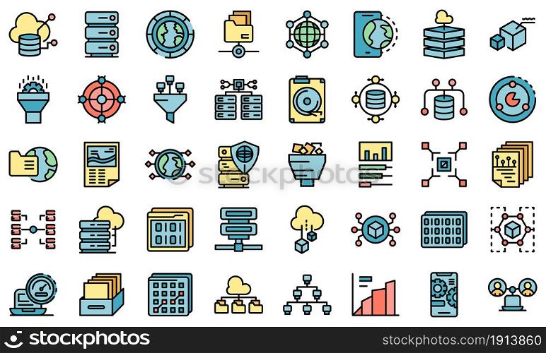 Big data icons set. Outline set of big data vector icons thin line color flat isolated on white. Big data icons set line color vector
