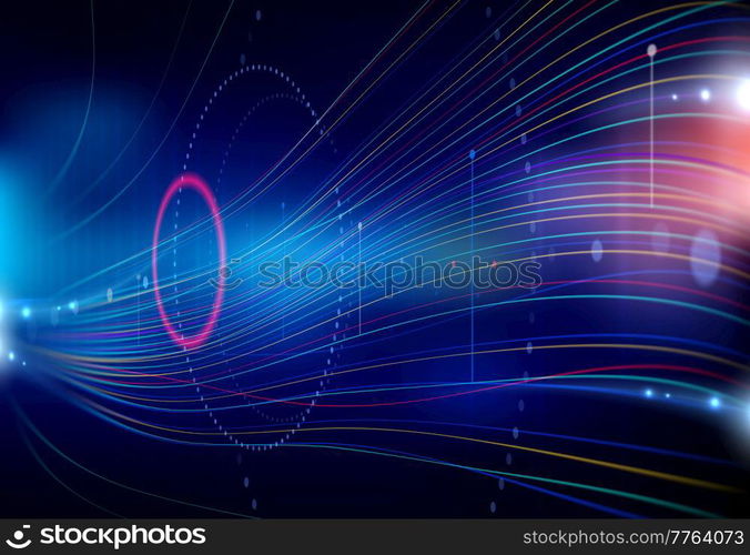 Big data information waves, network technology vector background. Futuristic neon glowing screen, analysis and decision making abstract backdrop with radiant circles and waves perspective view. Big data information waves, network technology