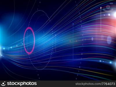 Big data information waves, network technology vector background. Futuristic neon glowing screen, analysis and decision making abstract backdrop with radiant circles and waves perspective view. Big data information waves, network technology