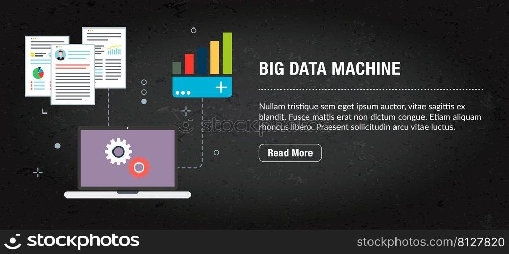 Big data machine concept. Internet banner with icons in vector. Web banner for business, finance, strategy, investment, technology and planning.