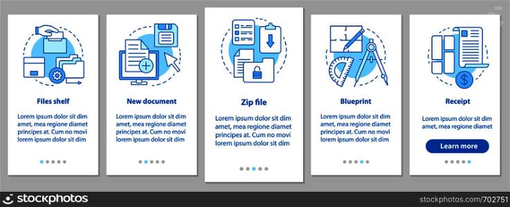 Big data onboarding mobile app page screen with linear concepts. Files storage, new document, zip file, blueprint, receipt steps graphic instructions. UX, UI, GUI vector template with illustrations. Big data onboarding mobile app page screen with linear concepts