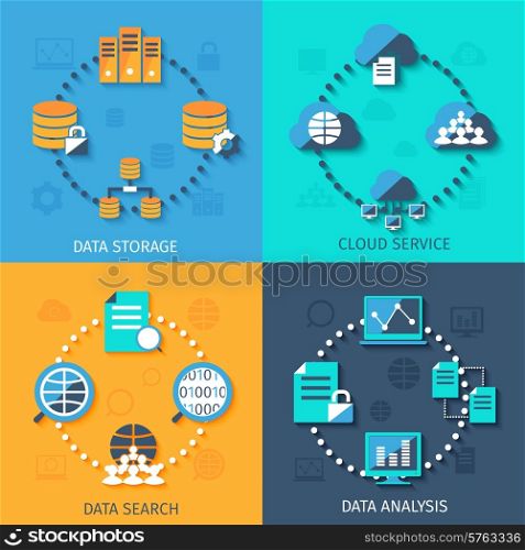 Big data secure storage and analysis cloud service system 4 flat icons composition abstract isolated vector illustration