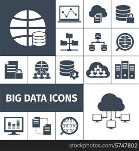 Big data secure transmitting processing accumulating computers international network symbols icons collection black graphic vector isolated illustration