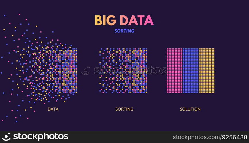 Big data sorting. Machine learning algorithm visualization, digital database analysis and chaotic data pattern recognition science vector concept illustration of visual algorithm, digital analysis. Big data sorting. Machine learning algorithm visualization, digital database analysis and chaotic data pattern recognition science vector concept illustration