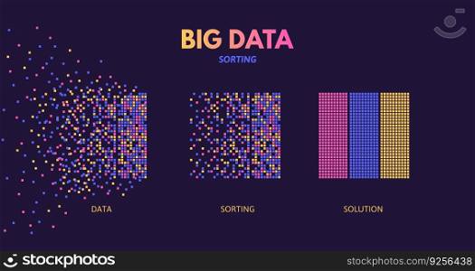 Big data sorting. Machine learning algorithm visualization, digital database analysis and chaotic data pattern recognition science vector concept illustration of visual algorithm, digital analysis. Big data sorting. Machine learning algorithm visualization, digital database analysis and chaotic data pattern recognition science vector concept illustration