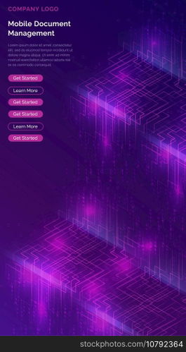 Big data waterfall or cascade, digital binary code data flow analysis visualization, isometric vector illustration. Ultraviolet vertical banner with streams of numbers, landing page template.. Big data waterfall, streams of digital binary code