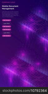 Big data waterfall or cascade, digital binary code data flow analysis visualization, isometric vector illustration. Ultraviolet vertical banner with streams of numbers, landing page template.. Big data waterfall, streams of digital binary code