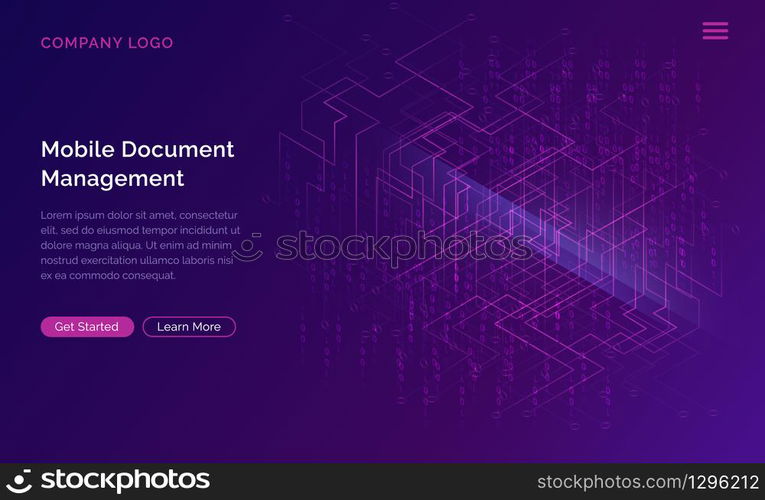 Big data waterfall or cascade, digital binary code data flow analysis visualization, isometric vector illustration. Ultraviolet horizontal banner with streams of numbers, landing page template.. Big data waterfall, streams of digital binary code