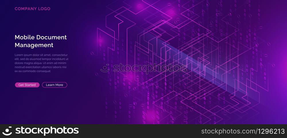 Big data waterfall or cascade, digital binary code data flow analysis visualization, isometric vector illustration. Ultraviolet horizontal banner with streams of numbers, landing page template.. Big data waterfall, streams of digital binary code