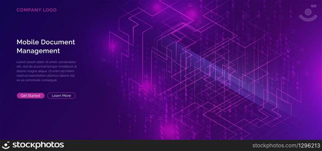Big data waterfall or cascade, digital binary code data flow analysis visualization, isometric vector illustration. Ultraviolet horizontal banner with streams of numbers, landing page template.. Big data waterfall, streams of digital binary code