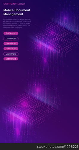 Big data waterfall or cascade, digital binary code data flow analysis visualization, isometric vector illustration. Ultraviolet vertical banner with streams of numbers, landing page template.. Big data waterfall, streams of digital binary code