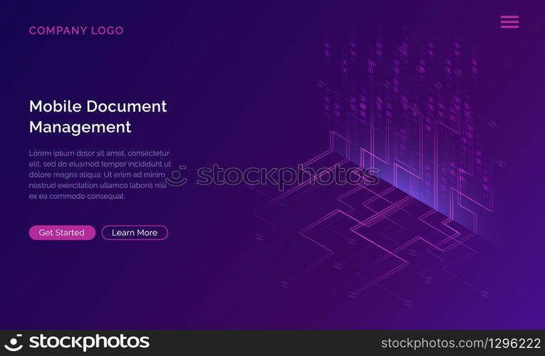 Big data waterfall or cascade, digital binary code data flow analysis visualization, isometric vector illustration. Ultraviolet horizontal banner with streams of numbers, landing page template.. Big data waterfall, streams of digital binary code