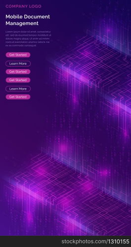 Big data waterfall or cascade, digital binary code data flow analysis visualization, isometric vector illustration. Ultraviolet vertical banner with streams of numbers, landing page template.. Big data waterfall, streams of digital binary code