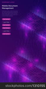 Big data waterfall or cascade, digital binary code data flow analysis visualization, isometric vector illustration. Ultraviolet vertical banner with streams of numbers, landing page template.. Big data waterfall, streams of digital binary code