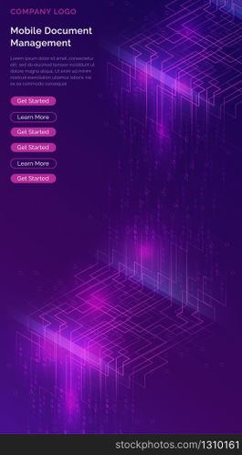 Big data waterfall or cascade, digital binary code data flow analysis visualization, isometric vector illustration. Ultraviolet vertical banner with streams of numbers, landing page template.. Big data waterfall, streams of digital binary code