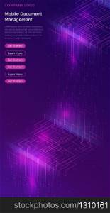 Big data waterfall or cascade, digital binary code data flow analysis visualization, isometric vector illustration. Ultraviolet vertical banner with streams of numbers, landing page template.. Big data waterfall, streams of digital binary code