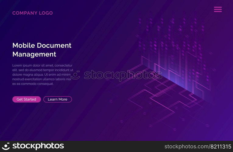 Big data waterfall or cascade, digital binary code data flow analysis visualization, isometric vector illustration. Ultraviolet horizontal banner with streams of numbers, landing page template.. Big data waterfall, streams of digital binary code