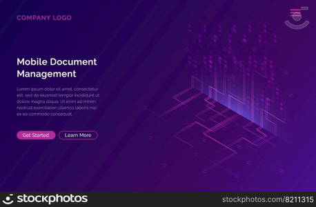 Big data waterfall or cascade, digital binary code data flow analysis visualization, isometric vector illustration. Ultraviolet horizontal banner with streams of numbers, landing page template.. Big data waterfall, streams of digital binary code