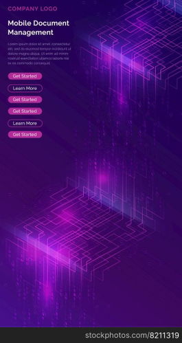 Big data waterfall or cascade, digital binary code data flow analysis visualization, isometric vector illustration. Ultraviolet vertical banner with streams of numbers, landing page template.. Big data waterfall, streams of digital binary code