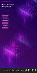 Big data waterfall or cascade, digital binary code data flow analysis visualization, isometric vector illustration. Ultraviolet vertical banner with streams of numbers, landing page template.. Big data waterfall, streams of digital binary code