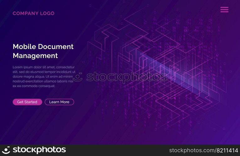 Big data waterfall or cascade, digital binary code data flow analysis visualization, isometric vector illustration. Ultraviolet horizontal banner with streams of numbers, landing page template.. Big data waterfall, streams of digital binary code