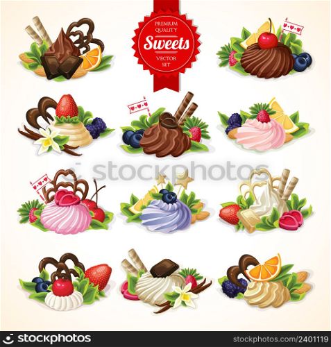 Big decorative sweets dessert food set with chocolate berry and vanilla cream vector illustration. Sweets big set