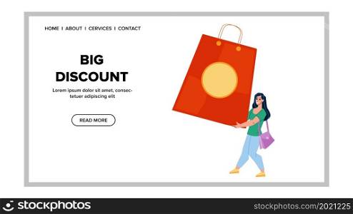 Big Discount Store Special Offer For Client Vector. Seasonal Or Holiday Big Discount, Man Customer With Bag Buying Shop Goods With Low Price. Character Shopaholic Web Flat Cartoon Illustration. Big Discount Store Special Offer For Client Vector