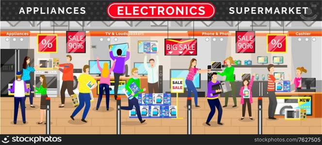 Big discounts in supermarket with electronics equipments. Appliances and tv sale, phone and camera, man and woman buying, people holding box, retail. Happy people on black friday sale or cyber monday. Electronics Appliances Supermarket, Shop Vector