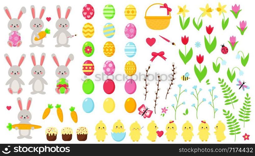 Big Easter vector set. Cute kawaii characters: rabbits and chicks. Hand drawn flat spring flowers. Easter eggs. Decoration elements.