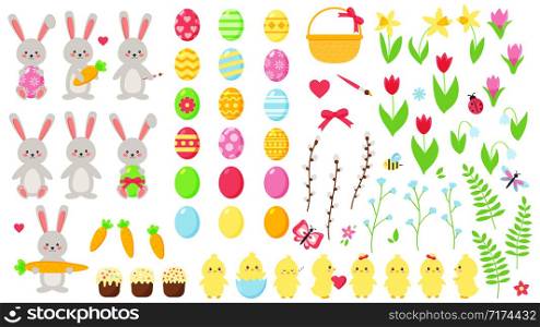 Big Easter vector set. Cute kawaii characters: rabbits and chicks. Hand drawn flat spring flowers. Easter eggs. Decoration elements.